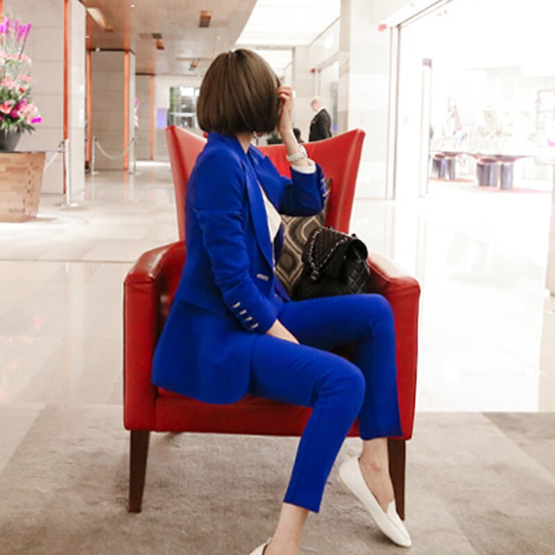 Blue Women Pant Suits Single Breasted Jacket Blazer & Pencil Pants Wear to Business Female 2 Pieces Set Autumn