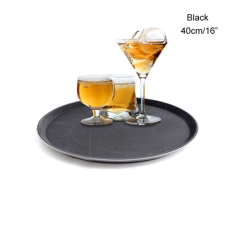 1pc rund plastbricka restaurang serveringsfat fodrad halkfri bricka kaffedrinkbricka snabbmat servera rätter barverktyg: Svart 16 tum