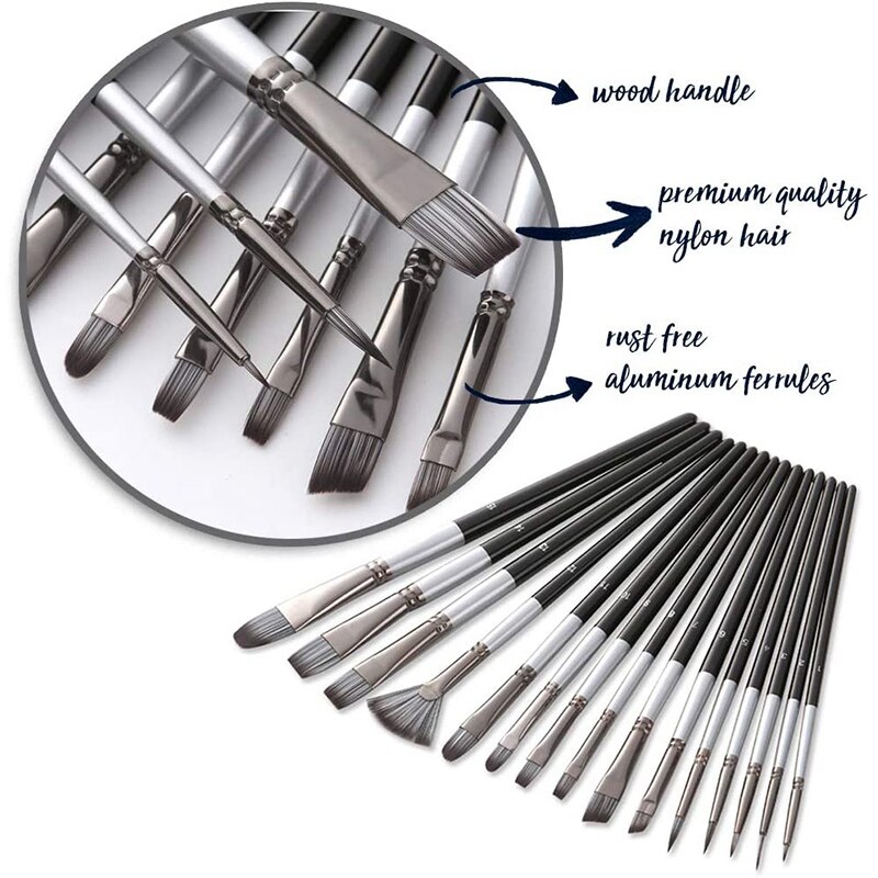 Kwast Set 15 Pcs Borstels Met Paletmes En 2 Sponzen. Voor Acryl, Olie, Aquarel En Gouache