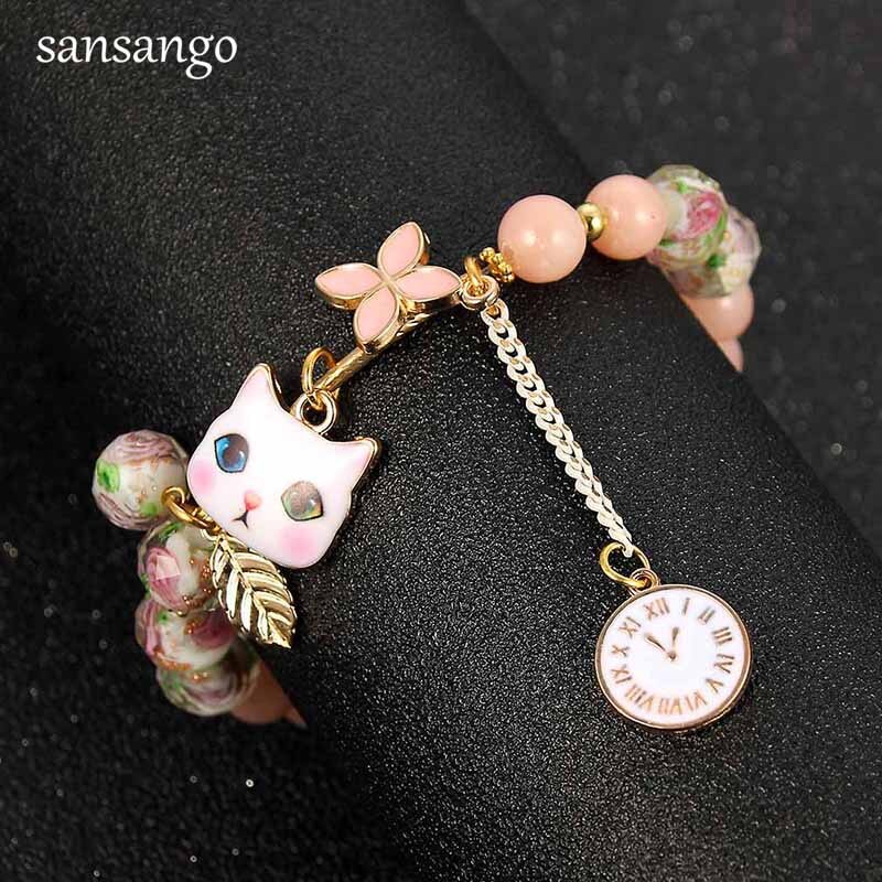 Mode Armband Voor Vrouwen Leuke Kitten Hanger Charm Armband Natuursteen Kralen Bangle Meisjes Kinderen Sieraden