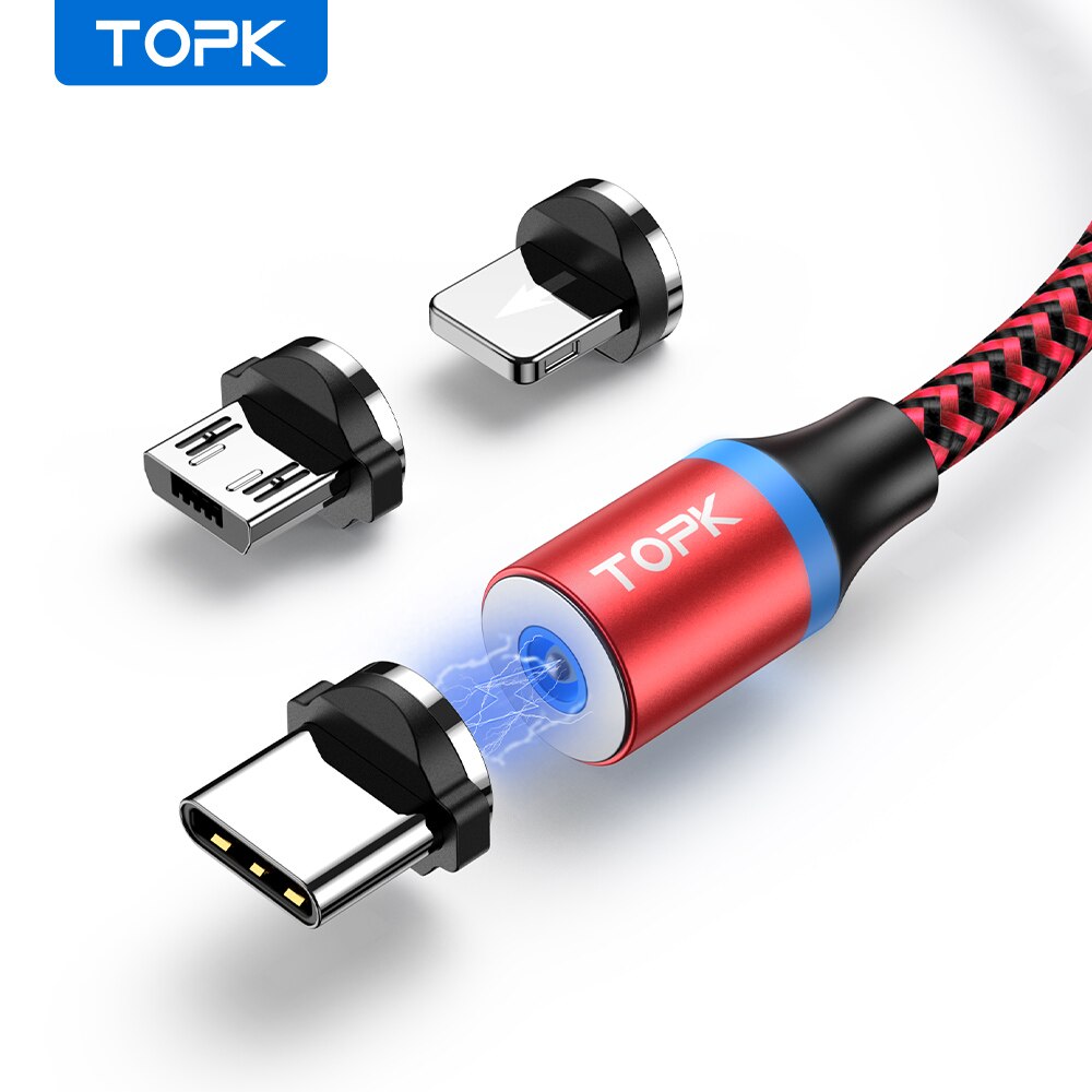 Magnet ladekabel 3 in 1 topk 360 rotation magnet telefon ladekabel mit led-licht für micro usb typ c kabel: WHITE / 0,2 mt