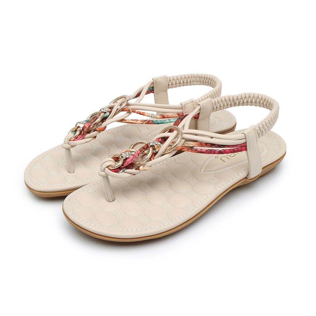 Sandalias De Mujer, Sandalias planas con cuentas bohemias para Mujer, Sandalias planas con cristales, Sandalias para Mujer, Verano De Cuero #3: Beige / 8
