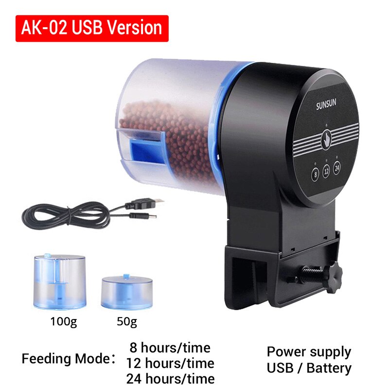 Sunsun Alimentador automático acuario peces dorados sincronización inteligente Auto alimentador de peces temporizador alimentación de alimentos 8/12/24 horas temporizador alimentación: AK-02