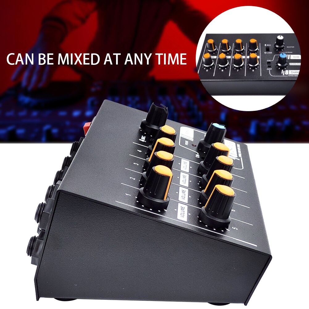 Stereo Mini Portable 8 Channels Audio Mixer Mono Black Home Low Noise Metal DJ Karaoke Party Switchable