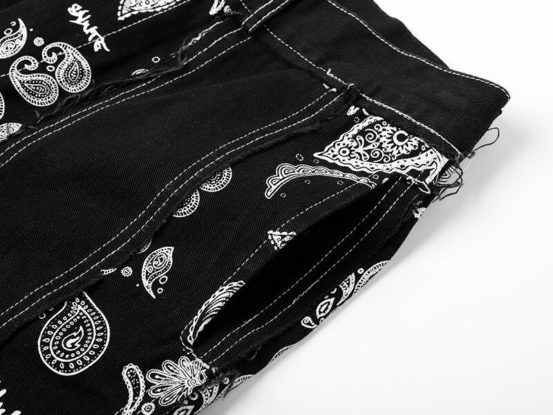 Mænd vintage mønster print straight jeans bukser mandlige ragged streetwear hip hop denim bukser