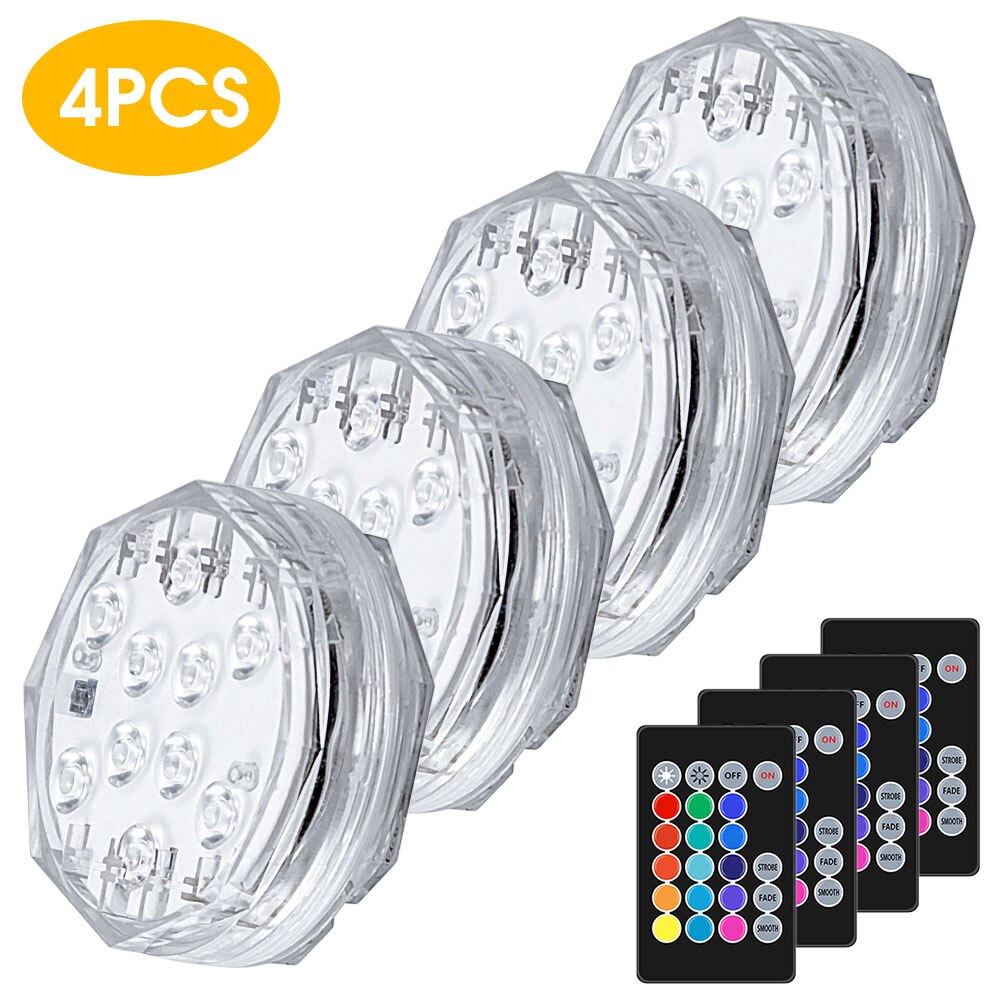 10Led RGB Remote Control Underwater Lights Waterproof Swim Pool Light Submersible Light Decorative Night Lamp Pool Equipment: 4Pcs