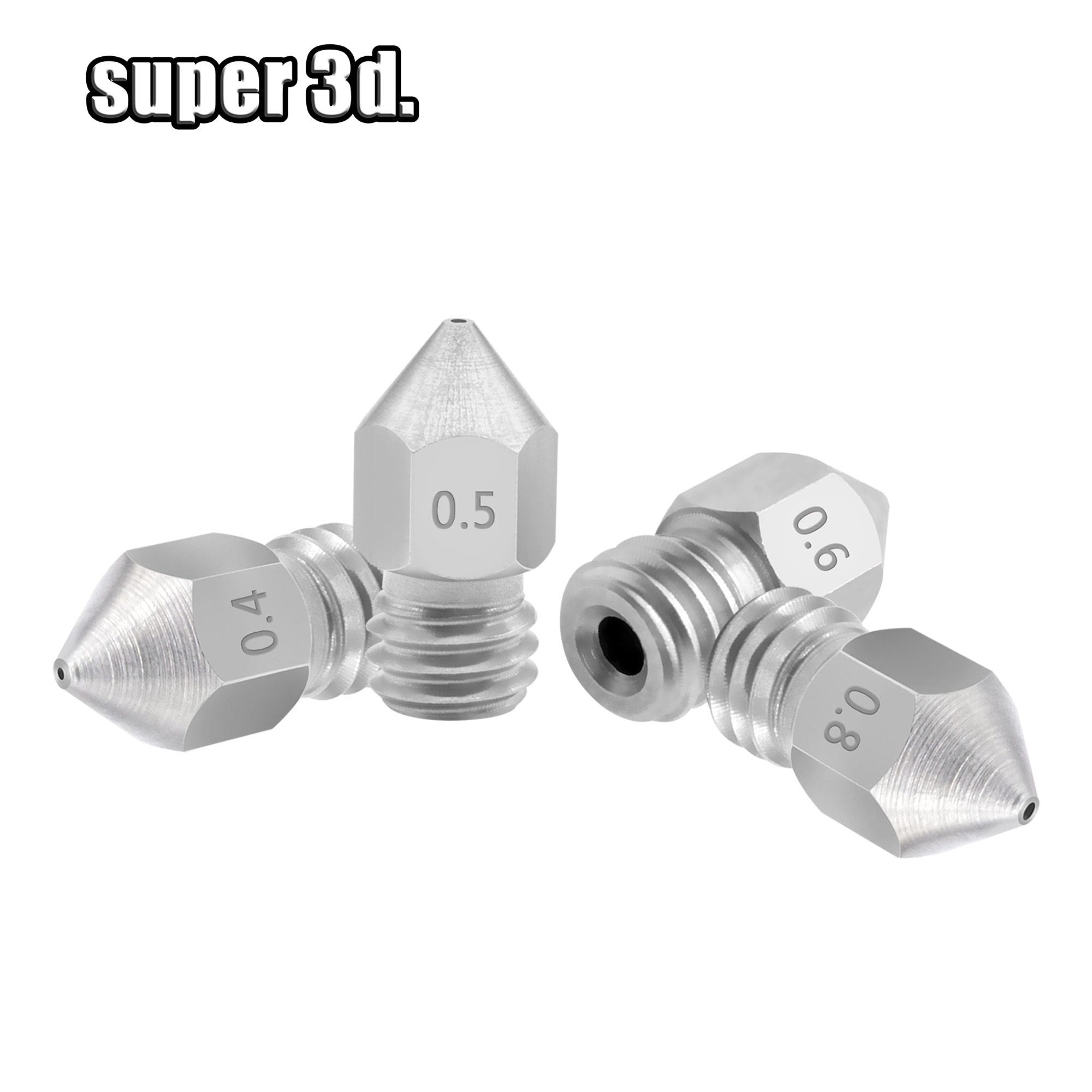 5pcs MK8 Nozzle 0.2/0.3/0.4/0.5/ 0.6/0.8mm 3D Printers Parts Extruder Threaded for 1.75/3.0mm Filament Stainless Steel Part