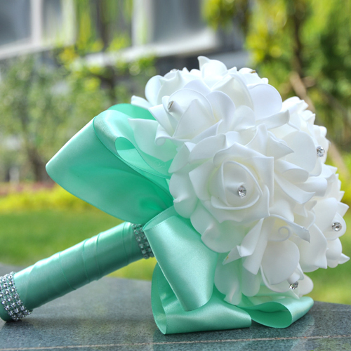 Romantisk bryllupsbuket brudepige bryllupsdekoration skum blomster rose brude buket hvid satin bedrift blomster: Lysegrøn