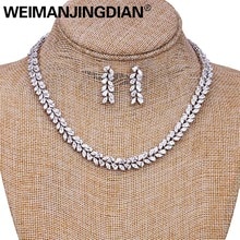 Weimanjingdian Marquise Cut Zirconia Leaf Tennis Ketting En Oorbel Bruiloft Bruids Sieraden Set