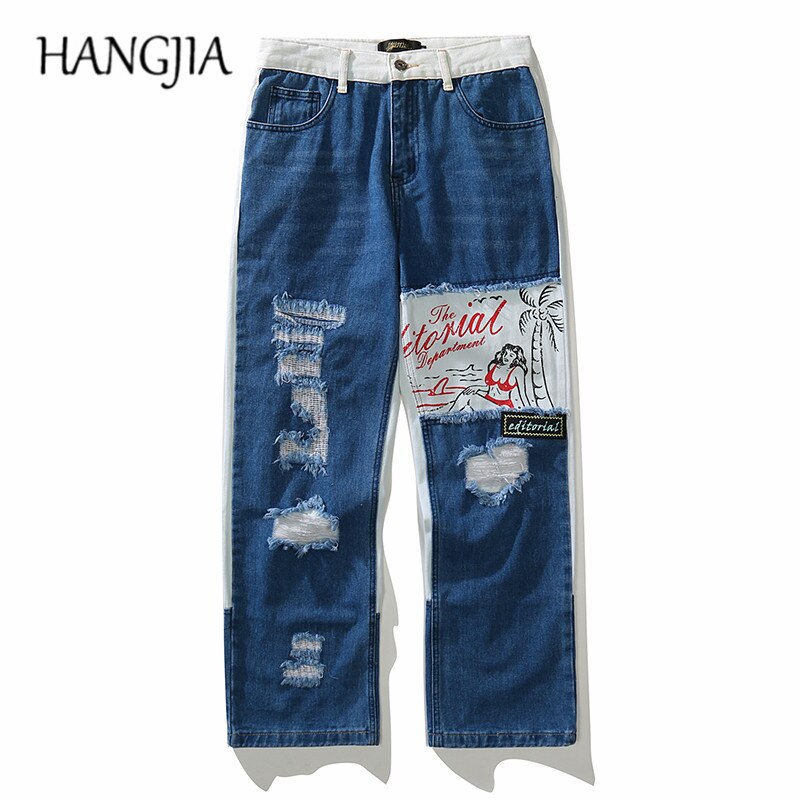 Streetwear Beach Beauty Jeans Men Blue Hip Hop Distressed Ripped Denim Jeans Washed Destroyed Patch Straight Denim Trousers: Blue / M