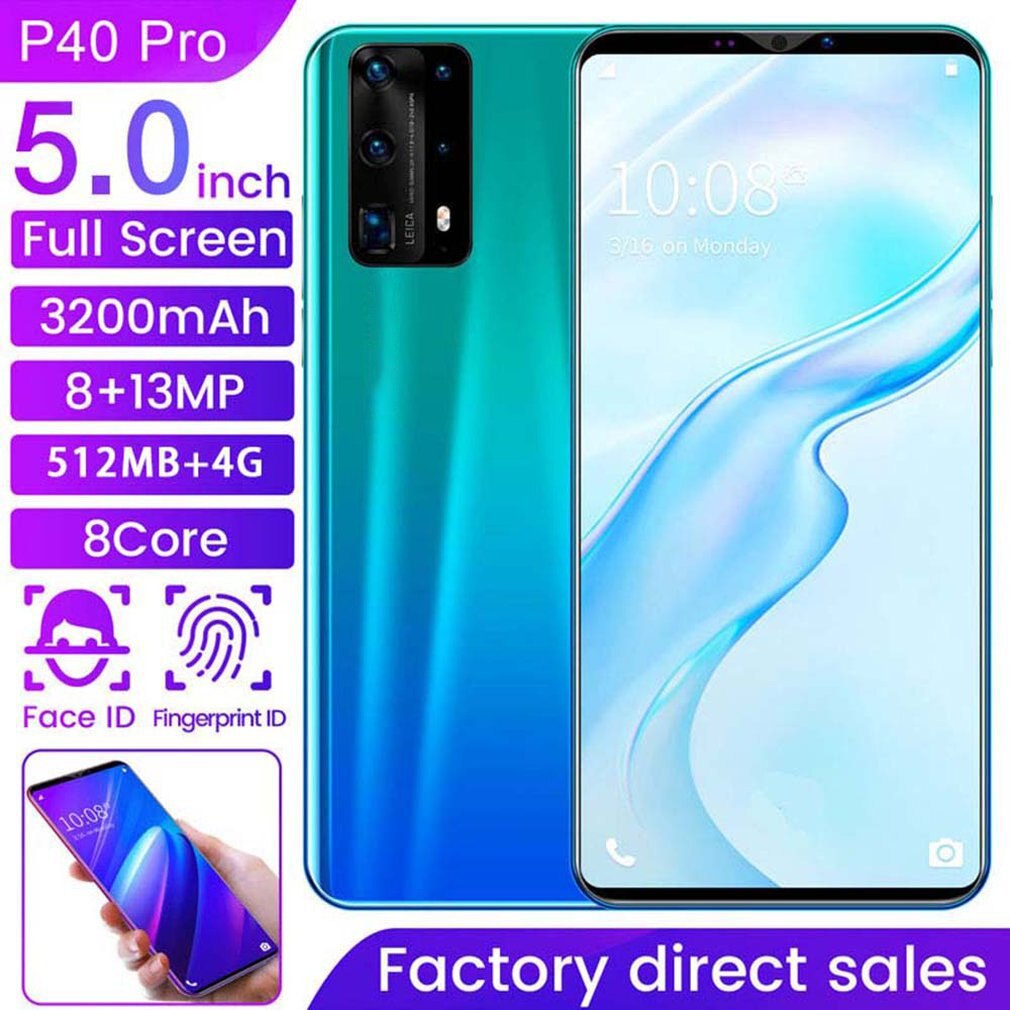 Dual-Core P40 Pro Smartphone 5 Inch Screen Smartphone 512M+4G Android Smartphone 3D Glass Plated Back Cover Blue