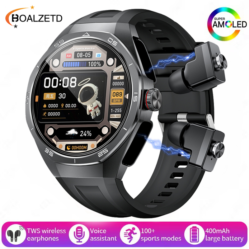 Nuovo Smart Watch da uomo con auricolari Bluetooth TWS 2 in 1 Altoparlante incorporato HIFI 9D Suono Monitor sanitario Chiamata Bluetooth SmartWatch: BIANCO