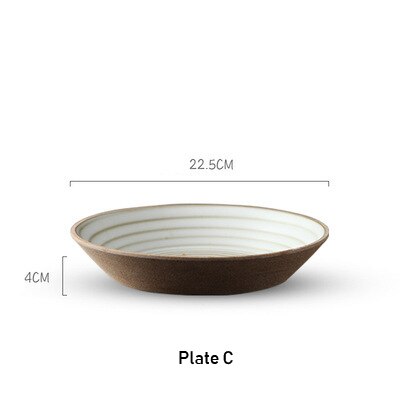 Håndlavede retro keramiske plader stentøjsplade japansk stil frugtskål fad hamp reb håndtag indretning bordservice sæt 1226: Plade c