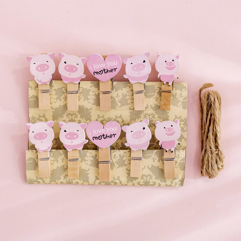 Clips de madera Natural de cuerda de cáñamo para decoración de pared, Clips para fotos, pinzas para ropa, manualidades, 10 paquetes: Pig