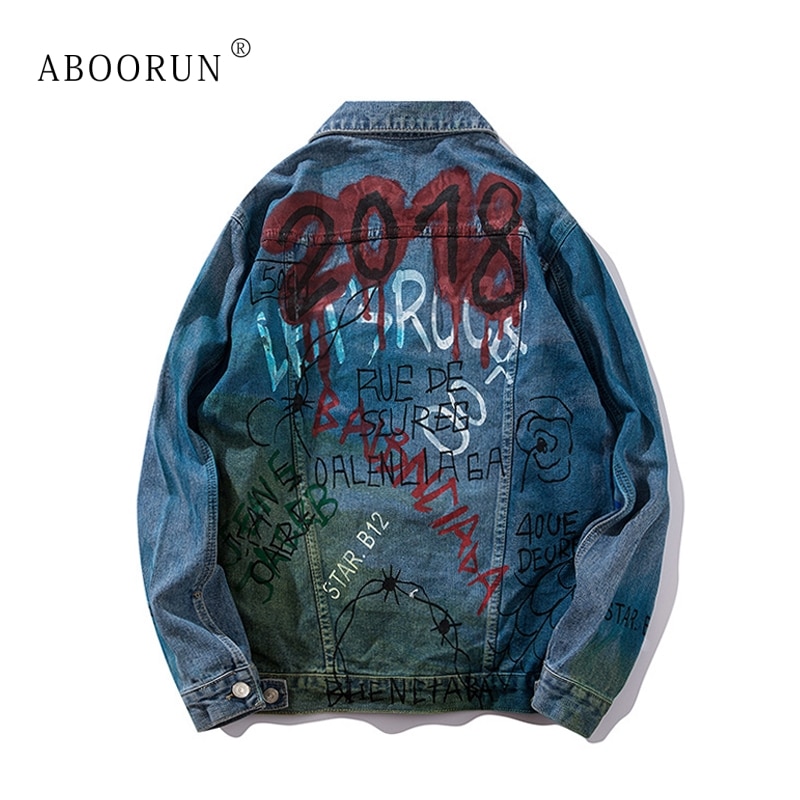 ABOORUN Men's Hip Hop Denim Jacket Graffiti Printed Denim Jacket Spring Autumn Streetwear Coat for Male x2177