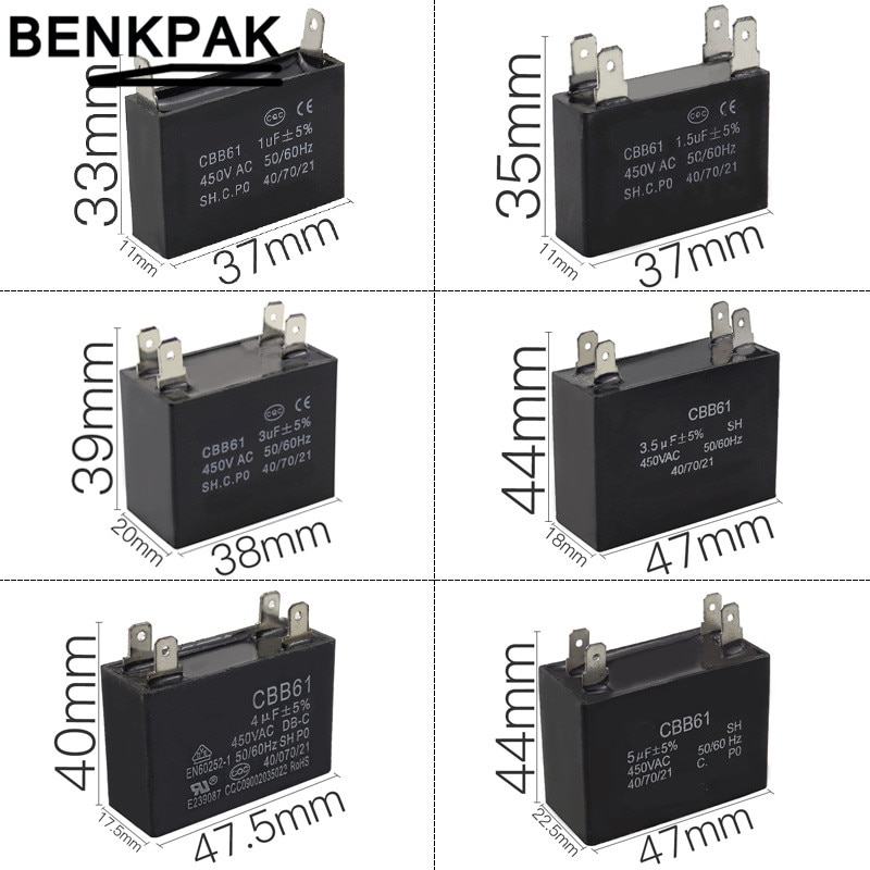 1uF 1.5uF 2uF 3uF 3.5uF 4uF 5uF 6uF 8uF 10uF 12uF Motor Run Condensator Motor Fan Start uitlaat ventilatie 450VAC CBB61