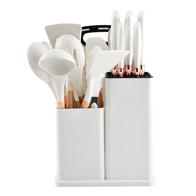 Utensilios de cocina de silicona con mango de madera, juego de ollas antiadherentes, Cubo de almacenamiento, 19 piezas