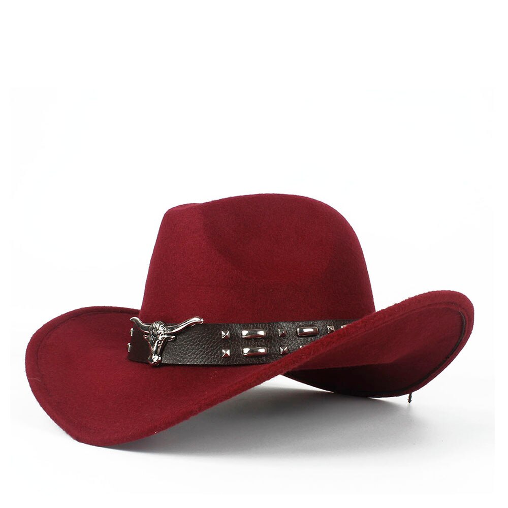 Kvinder mænd hule vestlige cowboy hat med tauren bælte vinter efterår jazz outback jazz toca sombrero cap størrelse 56-58cm: Rødvin