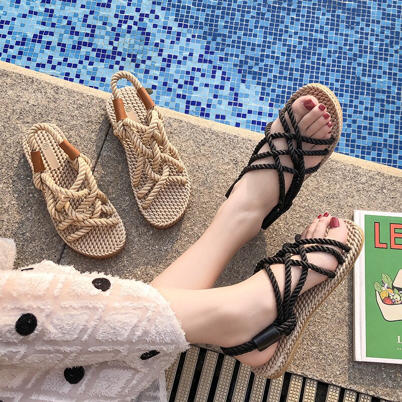 Koovan Vrouwen Sandalen Zomer Sandaal Meisjes Platte Hennep Touw Kruis Riem Vrouwen Schoenen Comfortabele Casual Strand Sandalen