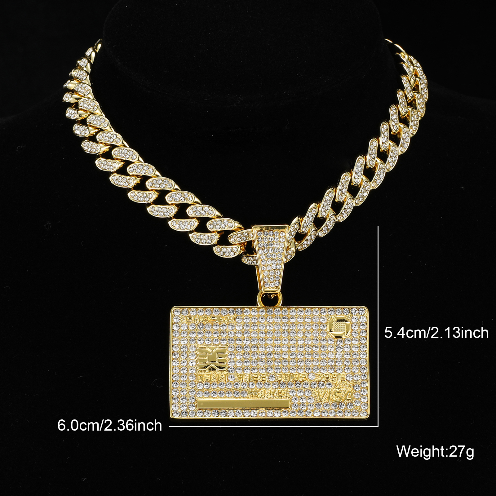 D & Z-colgante de tarjeta de crédito con diamantes de imitación de 13mm, cadena cubana de Miami, hip hop, collares ostentosos, joyería de para hombre: 60 cm / Color amarillo dorado claro