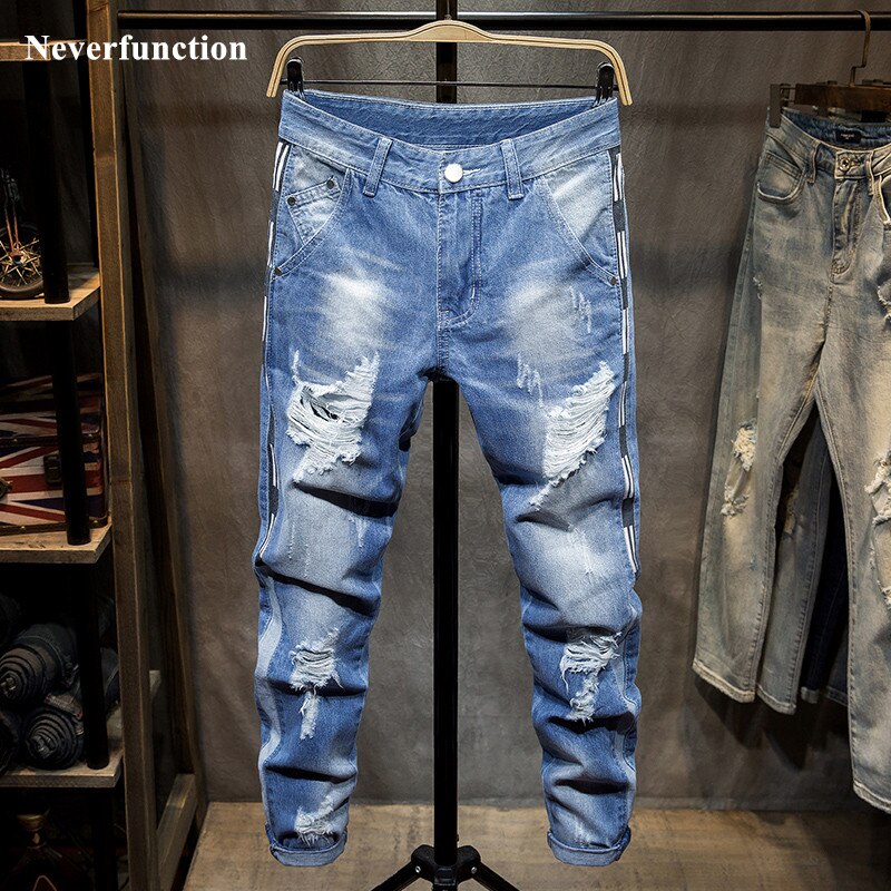 Mænd streetwear revet slim fit jeans bukser ødelagt store huller hip hop mand bomuld afslappet tigger denimbukser