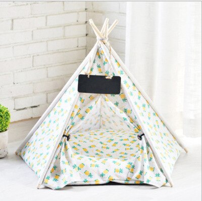 Portatile di Lino Tenda Pet Casa Del Cane gattino Casa Lavabile Teepee del Cucciolo del Gatto Indoor Outdoor Canili Portatile Teepee Cave con Zerbino: pineapple / 4 corner tent