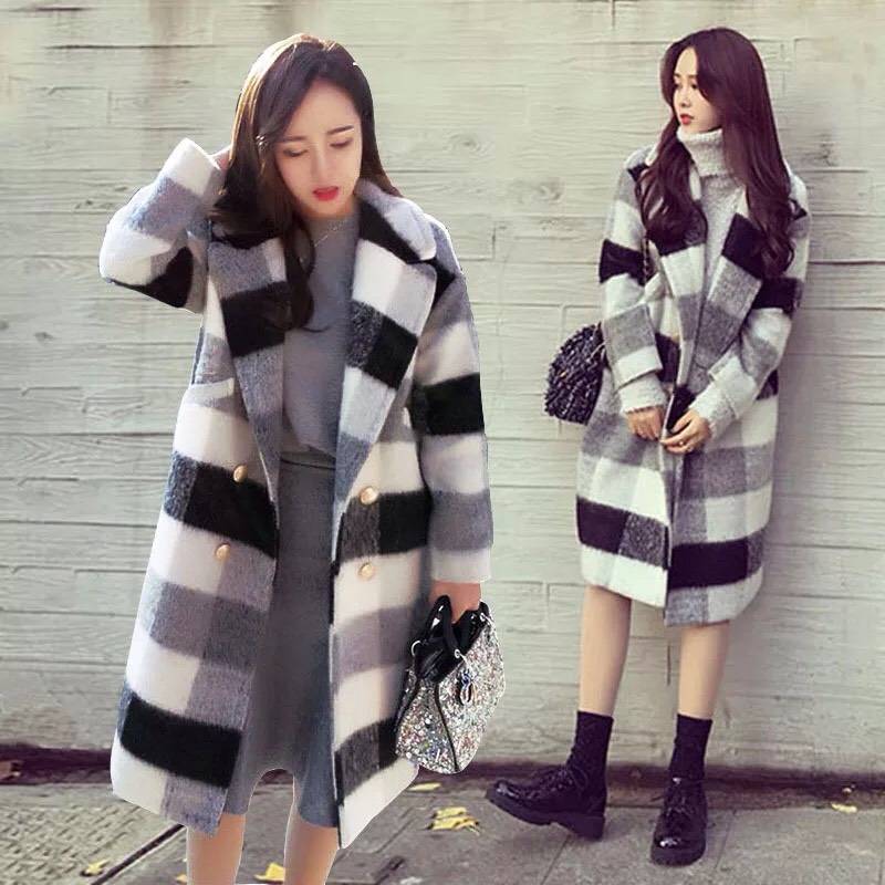 Fionto ull damefrakk lang koreansk høst vinter dame tykk svart og hvit tartan varm ullovertrekk