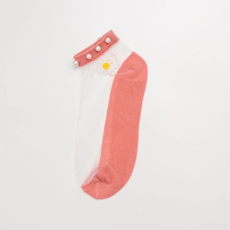 Breathable Thin Socks Women Summer Transparent Lace Socks with Pearl Lady Glass Silk Cotton Mesh Daisy Socks Nylon Ankle Socks: Orange