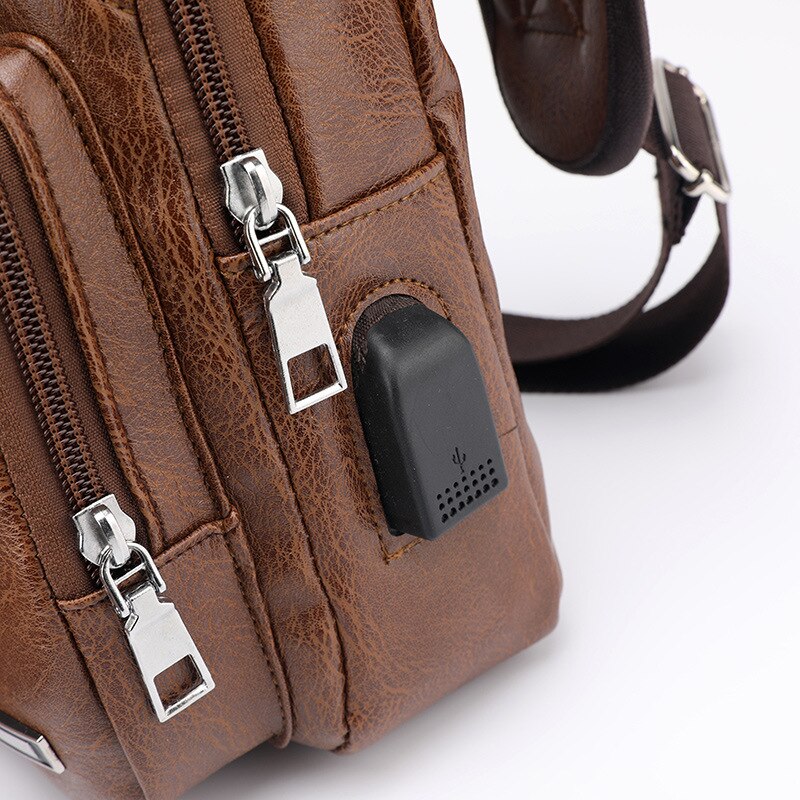 Men Back Pack Chest Pack Single Shouler Rucksack England Chest Bag Shoulder Cross Body PU Leather External USB Charger