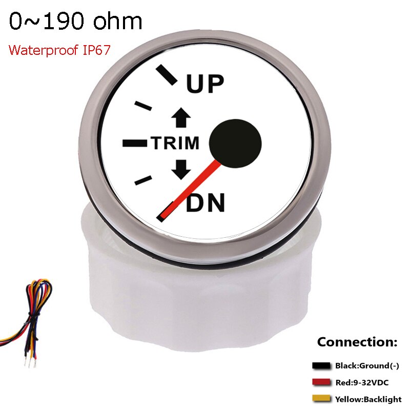 52mm båt marine påhengsmotor trim tilt måler vanntett  ip 67 up- dn trim måler for 0-190 ohm venstre side med bakgrunnsbelysning: Hvitt sølv