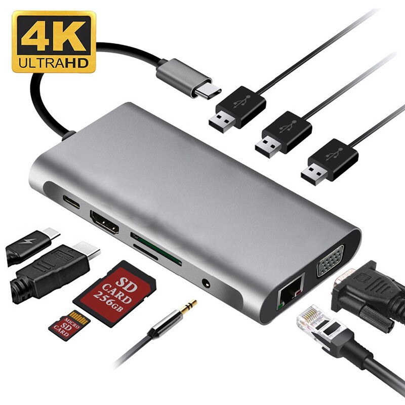 Usb Hub Docking Station Type C Adapter Usb 3.0 4K Hd Vga RJ45 10 In 1 Converter Voor Macbook pro Thunderbolt 3