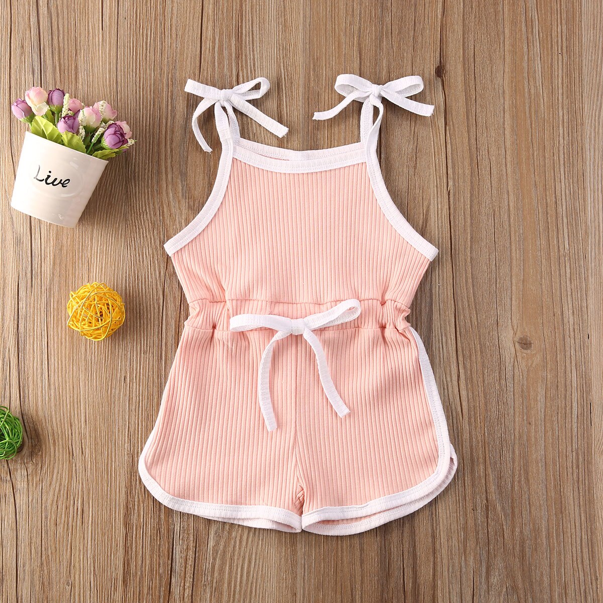 Barboteuse d&#39;été pour bébés garçons et filles, salopette sans manches, combinaisons à ceinture, en coton tricoté, vêtements décontractés, 4 couleurs: Rose / 2T