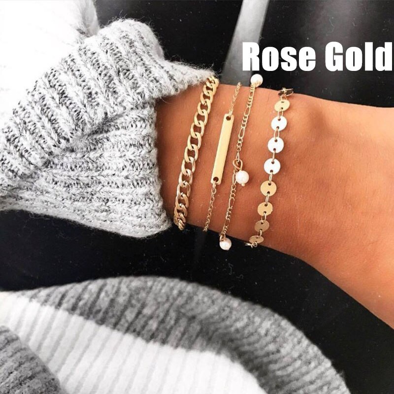 XPAYXPAY Bracelet Set Ladies Bracelets Women Round Tassel Yellow Gold Color Jewelry Trendy Stainless Pulseras: Rose Gold