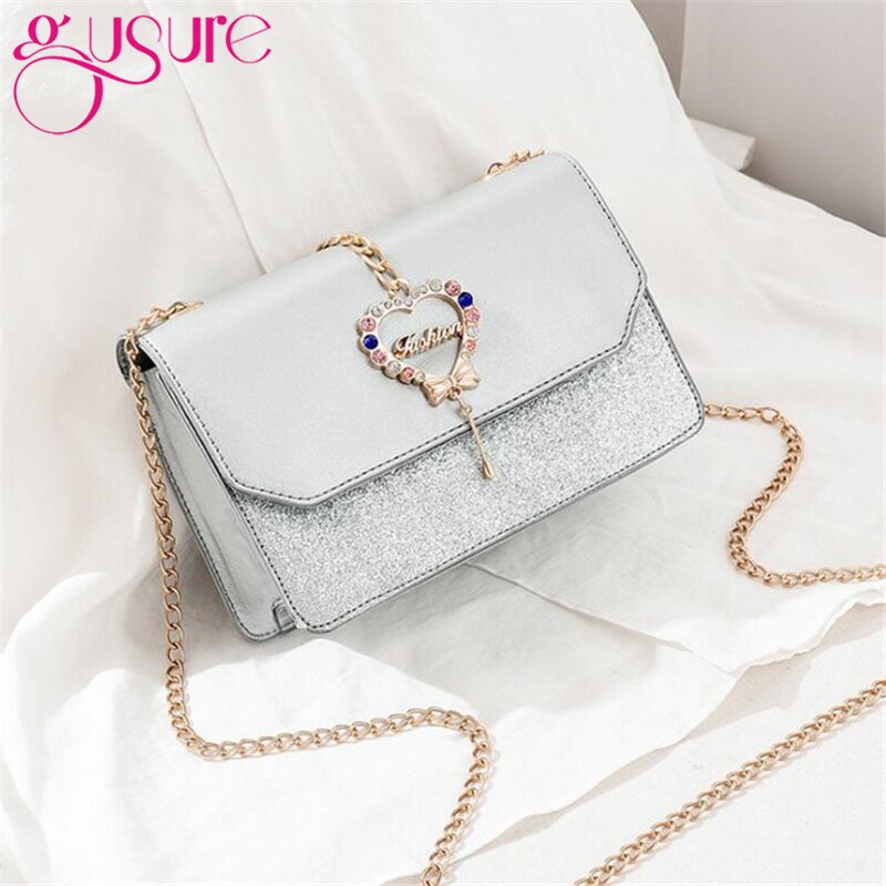 Gusure Shoulder Bag - Heart Sequin Flap - Chain Strap - Small PU Purse for Women