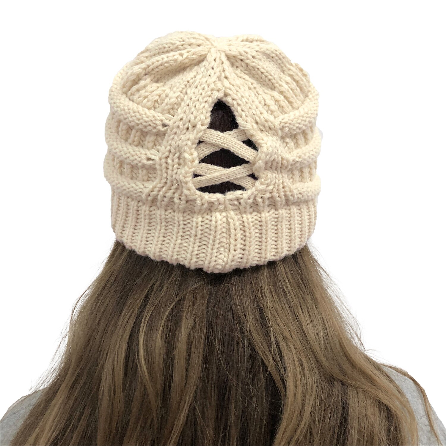 Cola de Caballo cruzada desmontable con botón para mascarilla, gorro de punto con apertura trasera, hilo de lana cálido, , producto