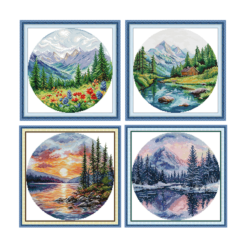 Four seasons pattern counted cross stitch kit diy 11ct 14ct 16ct stamped dmc cross stitch kit embroidery handicrafts: Purple / 22ct