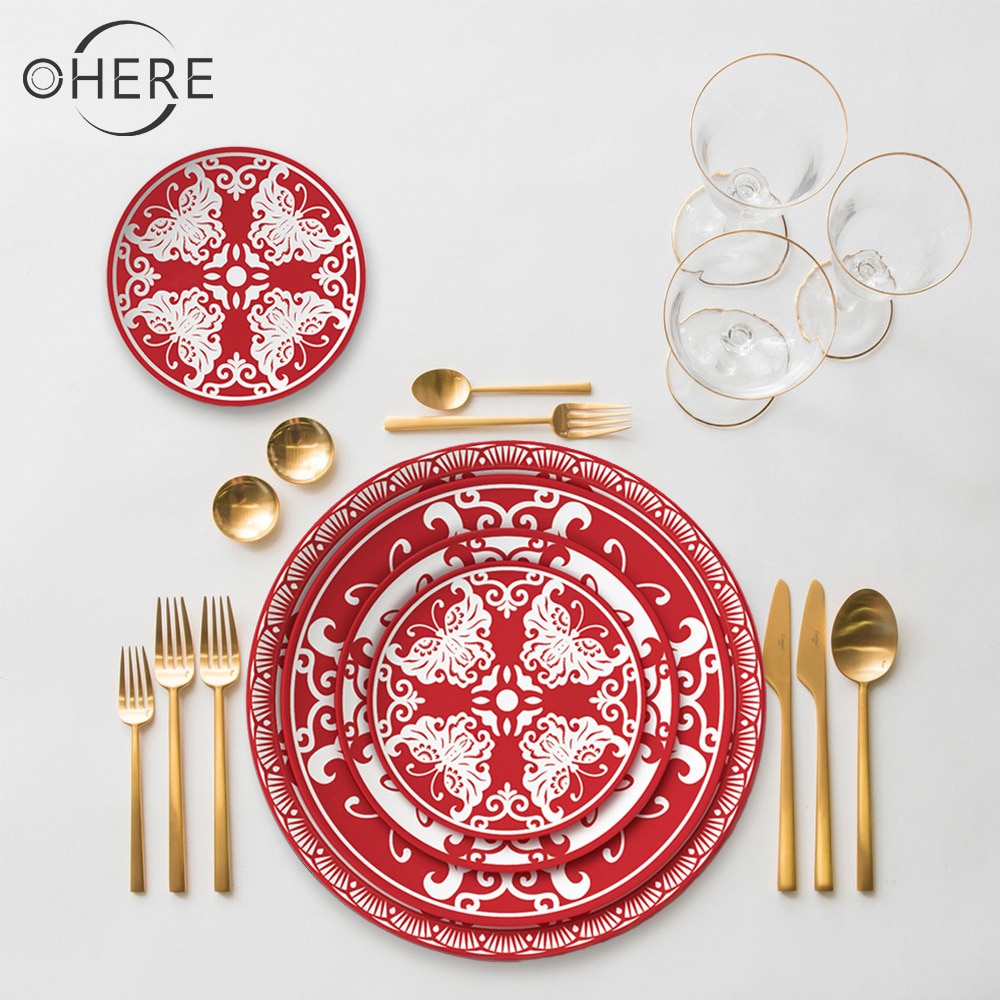 Chinese style red paper-cut pattern bone china tableware round plate set wedding festive dinner plate