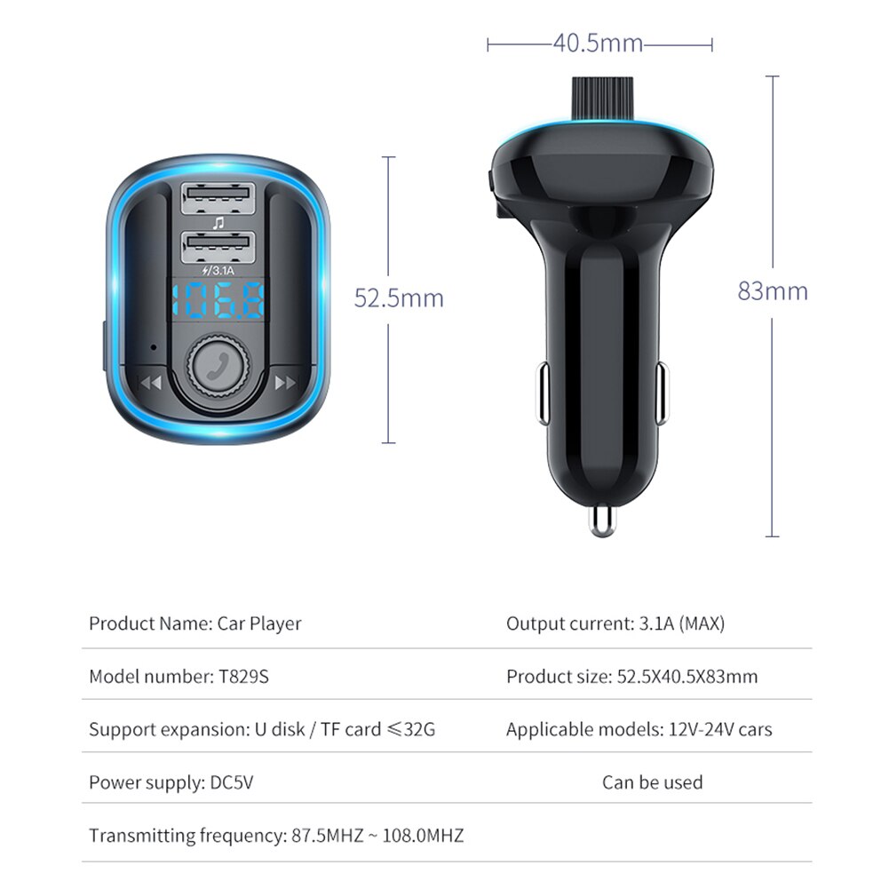 Car FM Transmitter Wireless Bluetooth Stereo Dual USB U Disk TF Card Reader MP3 Player Audio Blue Flash Light Car Charger