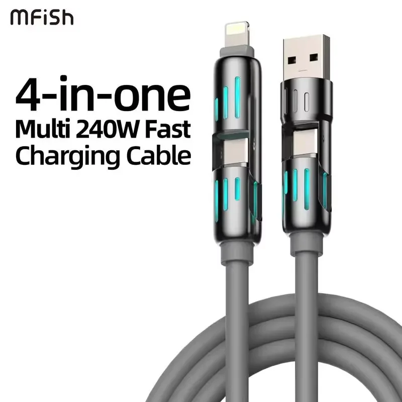 USB, Type C, Lightning-Max 240W snellaad- en datasynchronisatie MFISH 4-in-1 multifunctionele USB-oplaadkabel voor iPhone 16/15, iPad: Light Grey