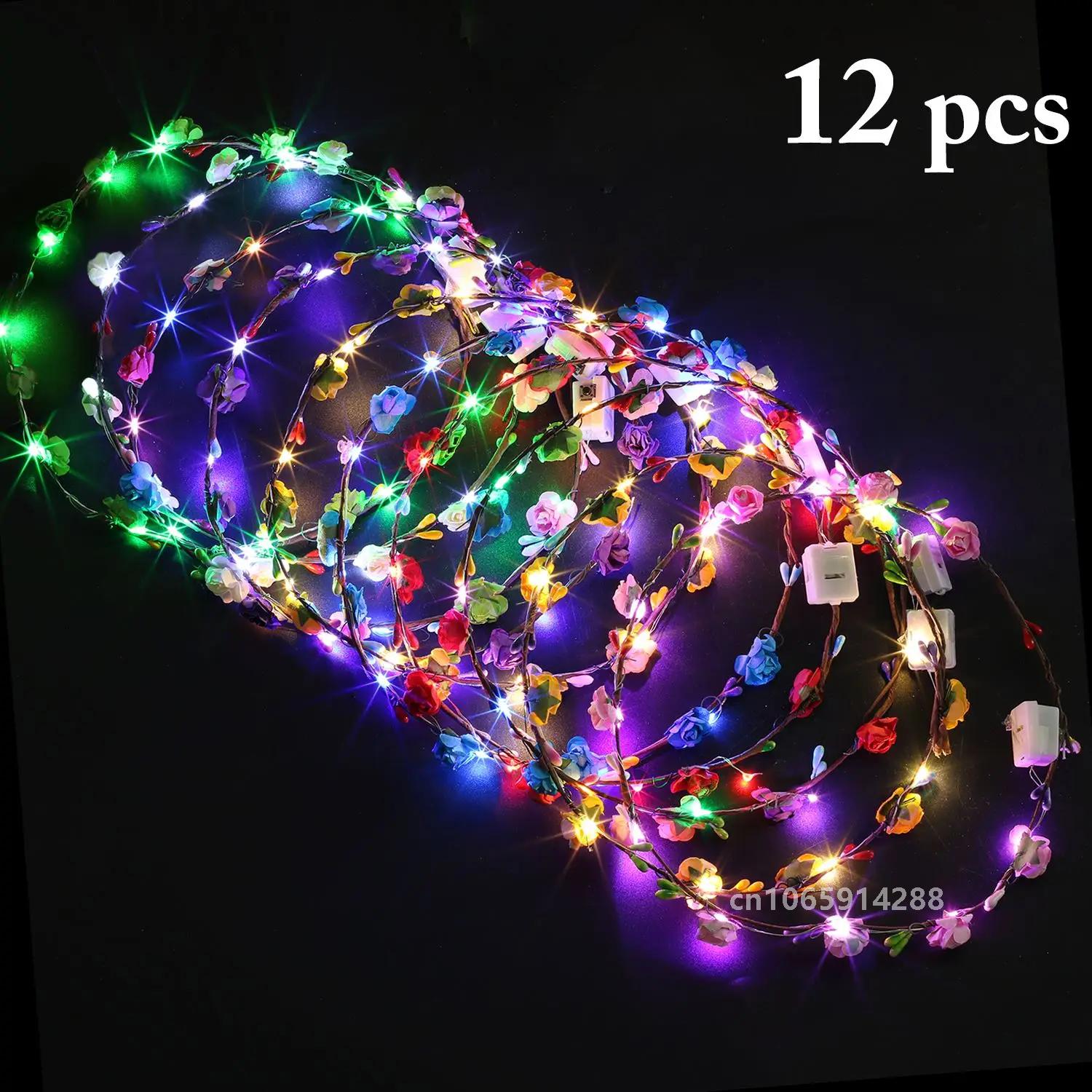 12Pcs LED Flower Crown Adjustable Flower Glow Color Nights Wreath Headband Garlands Birthday Party Wedding Baby Shower Decor