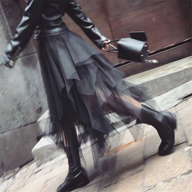 Elastisk hög midja oregelbunden tyll midi kjol dam mesh tutu maxi veckad lång kjol faldas mujer moda saias jupe