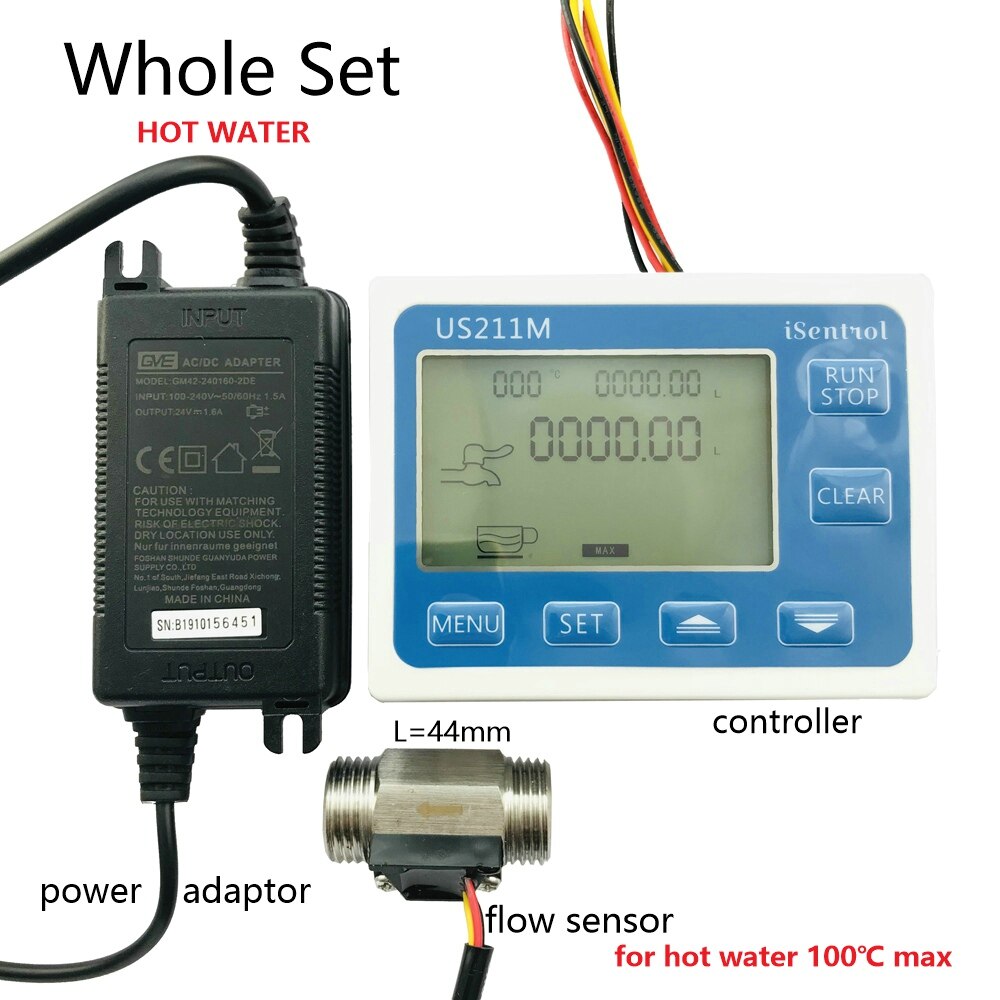 Water Set US211M Water Flow Meter Hall Aanvoervoeler Reader Met SUS304 Rvs USS-HS21TI 1-30L/Min: whole set