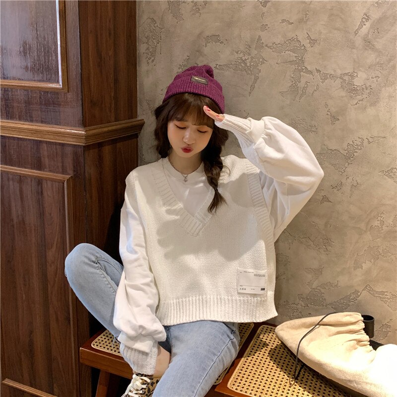 Suéter con cuello en V para mujer, Blanco Simple escolar que combina con todo, ropa de diario holgada Harajuku de estilo japonés para chicas