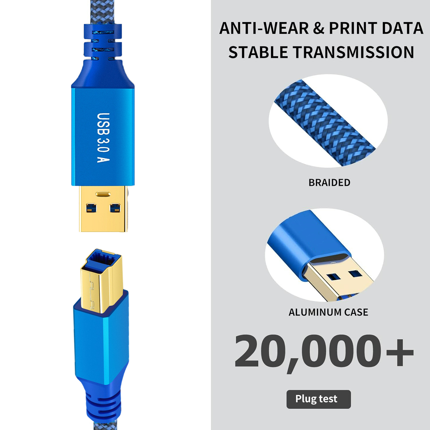 USB 3.0 Data Cable USB-A Male to USB-B Male Type B Nylon Braid Cord for Docking Station External Hard Drivers Scanner Printer