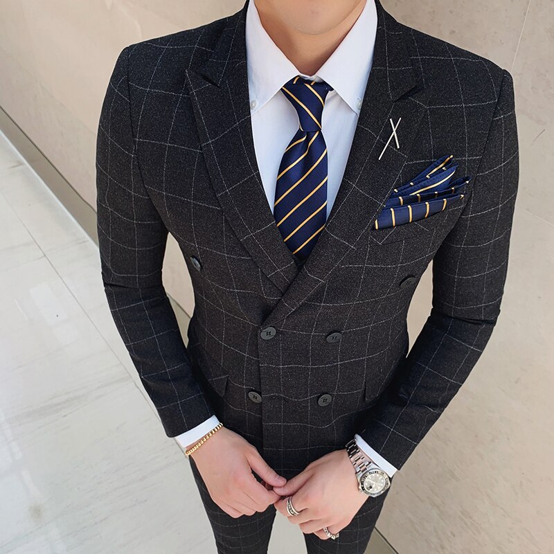 Costume à carreaux pour hommes, veste à carreaux, Boutique, décontracté Business, Double boutonnage, manteau, robe de mariée, costume Slim pour hommes