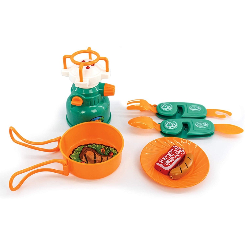 7 Stuk Camping Gear Gereedschap Adventure Set Inclusief Speelgoed Gasfornuis Pan Speelgoed Voedsel Plaat Mes/Lepel/vork Kamp Gereedschap Nodig
