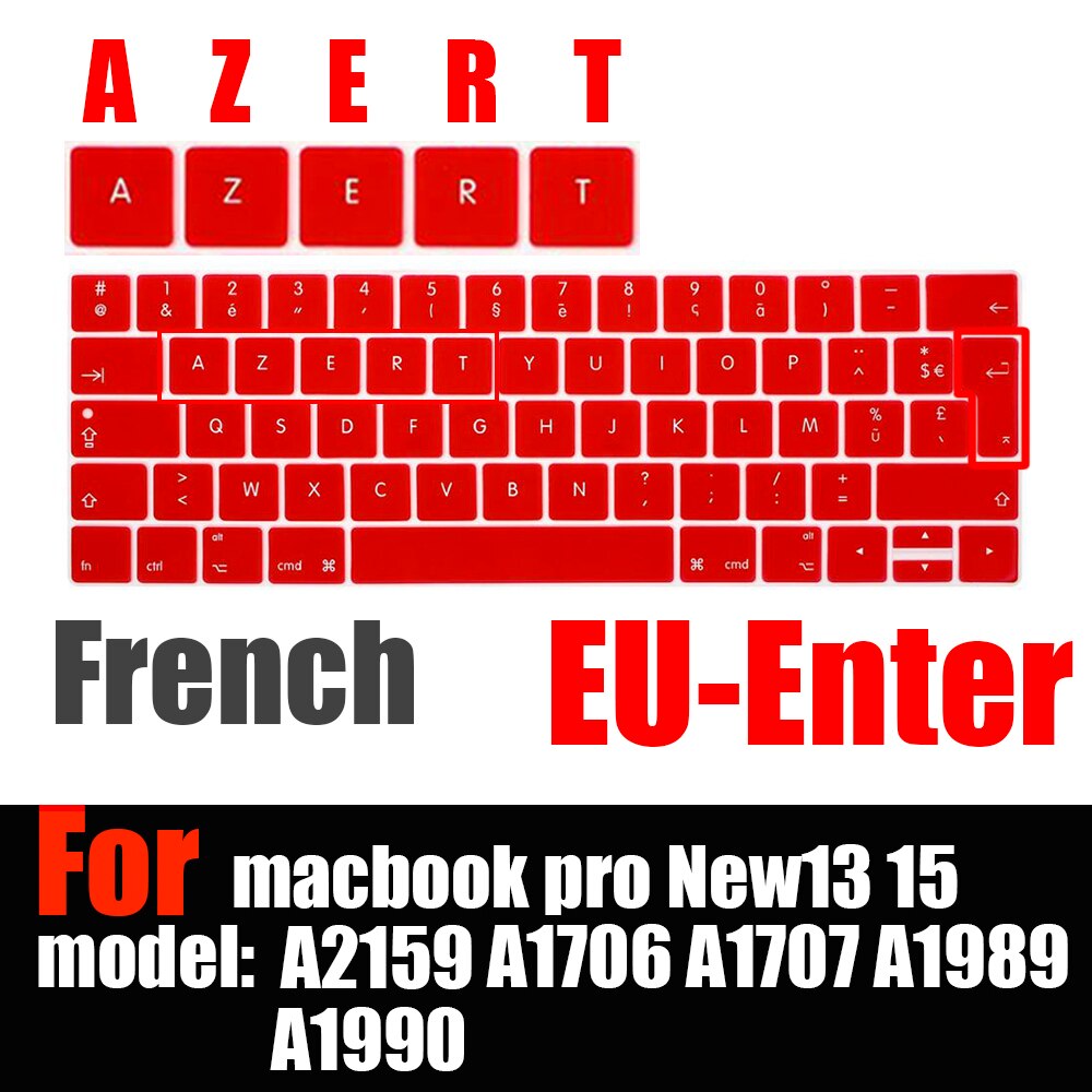 Francuski układ osłona klawiatury ue dla macbook touchbar 13 "15" A1990 A1989 A1707 A1706 folia ochronna na klawiaturę laptopa AZERT: Czerwony