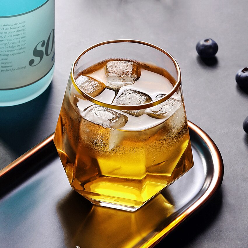 Diamond Hexagonal Transparent Glass Whiskey Cocktail Beer Glass Thick Base Household Water Glass Cup for Coffee Milk Tea