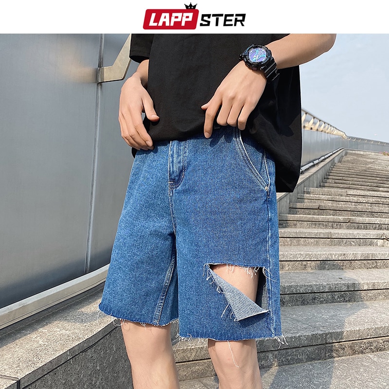 Lappster sommar herr gratis bälte hål jeans shorts herr streetwear hip hop jeansshorts fritidsmode harajuku joggingbyxor