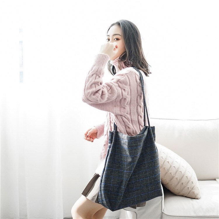 Frauen Mesh Woolen Leinwand Echten Schulter Tasche Damen Vintage Plaid Handtasche Totes Weibliche Baumwolle Wolle Tuch Einkaufstaschen